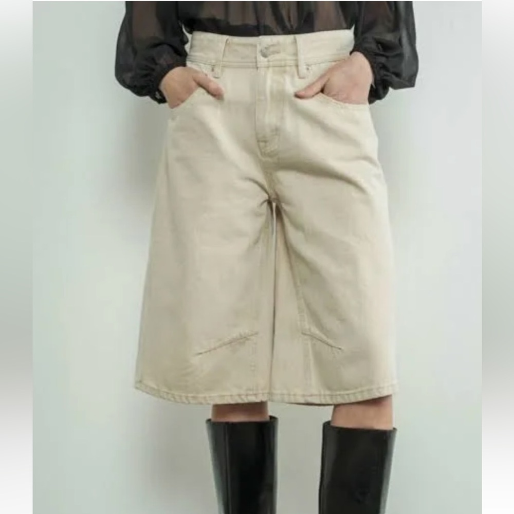 Neutral Beige High-Rise Bermuda Shorts for Women
